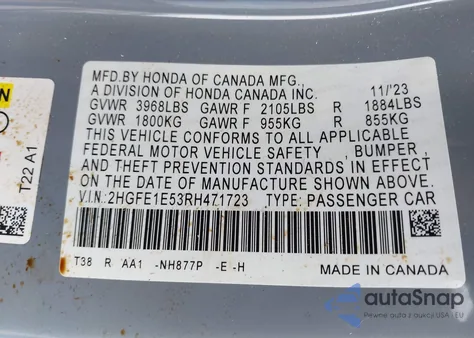 2024 Honda Civic Si Sedan z USA, uszkodzony, nr VIN 2HGFE1E53RH471723